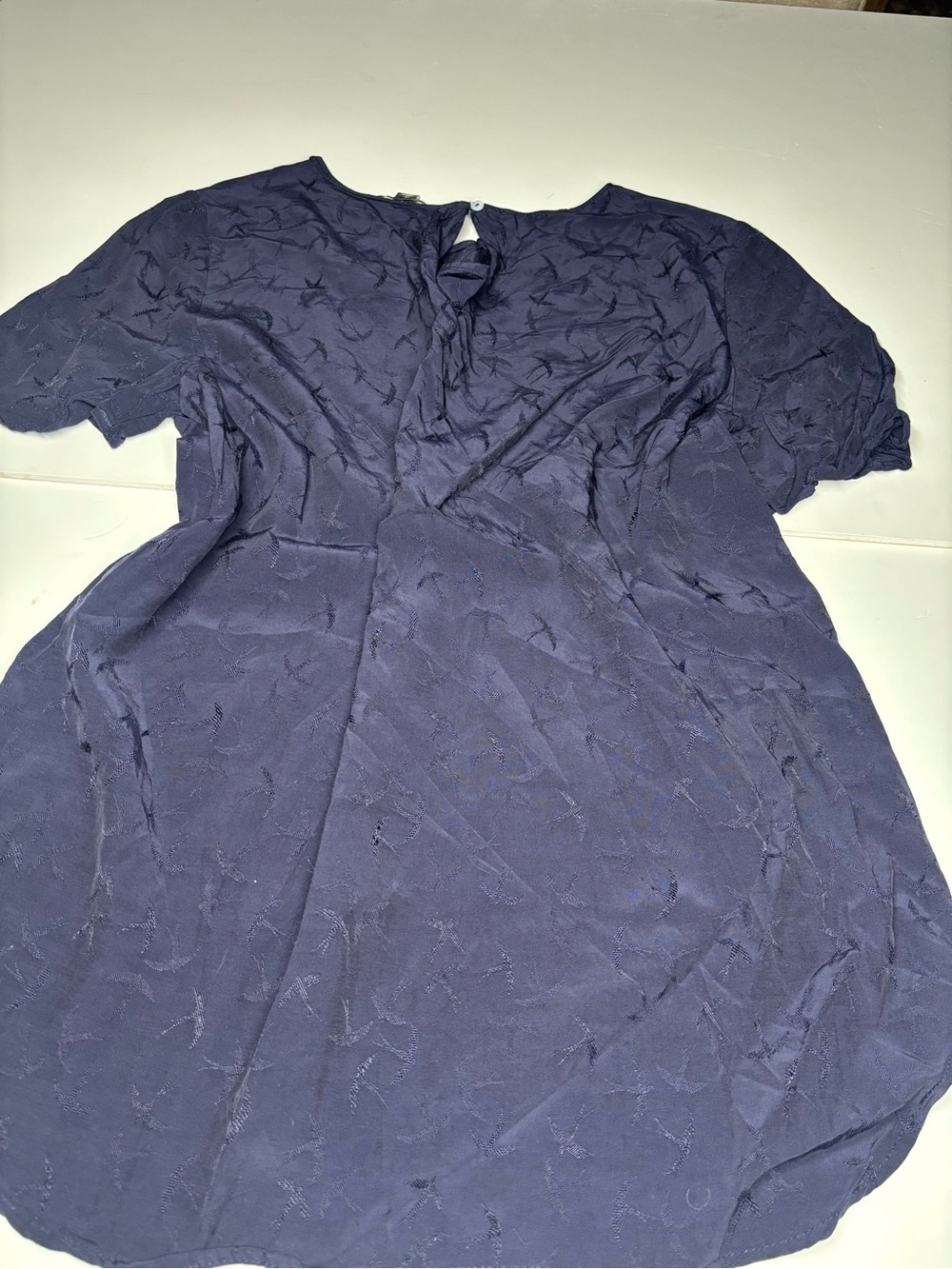 Ann Taylor Navy Textured Bird Print Blouse | Medium | Feminine Workwear Chic - Picture 4 of 6
